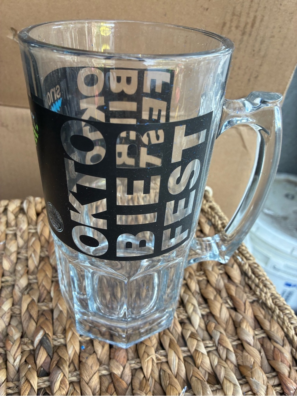 Glass Beer Mug with Black Graphic Band